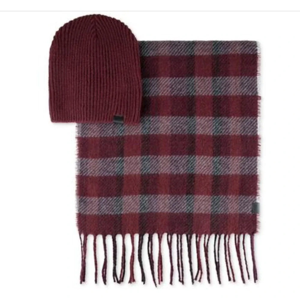 Kenneth Cole Reaction Men Plaid Scarf & Solid Rib Knit Beanie Set 2-Pc Burgundy